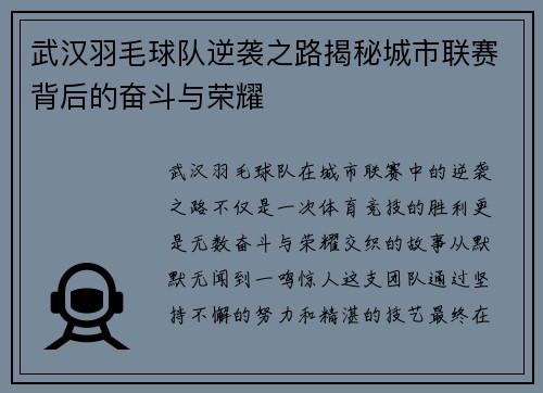 武汉羽毛球队逆袭之路揭秘城市联赛背后的奋斗与荣耀